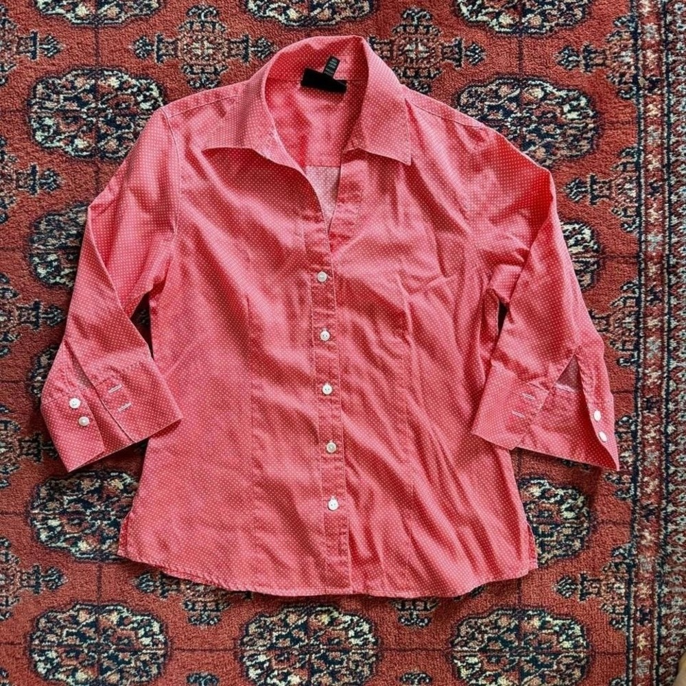Foxcroft Wrinkle Free 6P Mini Dot on Coral Button Front Blouse